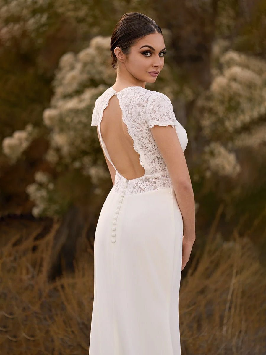 Modest Simple Mermaid Short Sleeve Empire Floor-Length Sweep Train Chiffon V-neck Wedding Dress - Curvevia