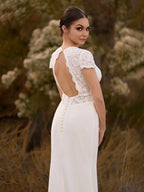 Modest Simple Mermaid Short Sleeve Empire Floor-Length Sweep Train Chiffon V-neck Wedding Dress - Curvevia