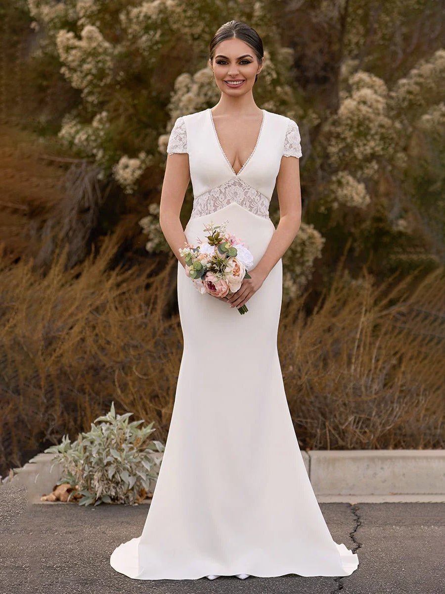 Modest Simple Mermaid Short Sleeve Empire Floor-Length Sweep Train Chiffon V-neck Wedding Dress - Curvevia