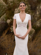 Modest Simple Mermaid Short Sleeve Empire Floor-Length Sweep Train Chiffon V-neck Wedding Dress - Curvevia