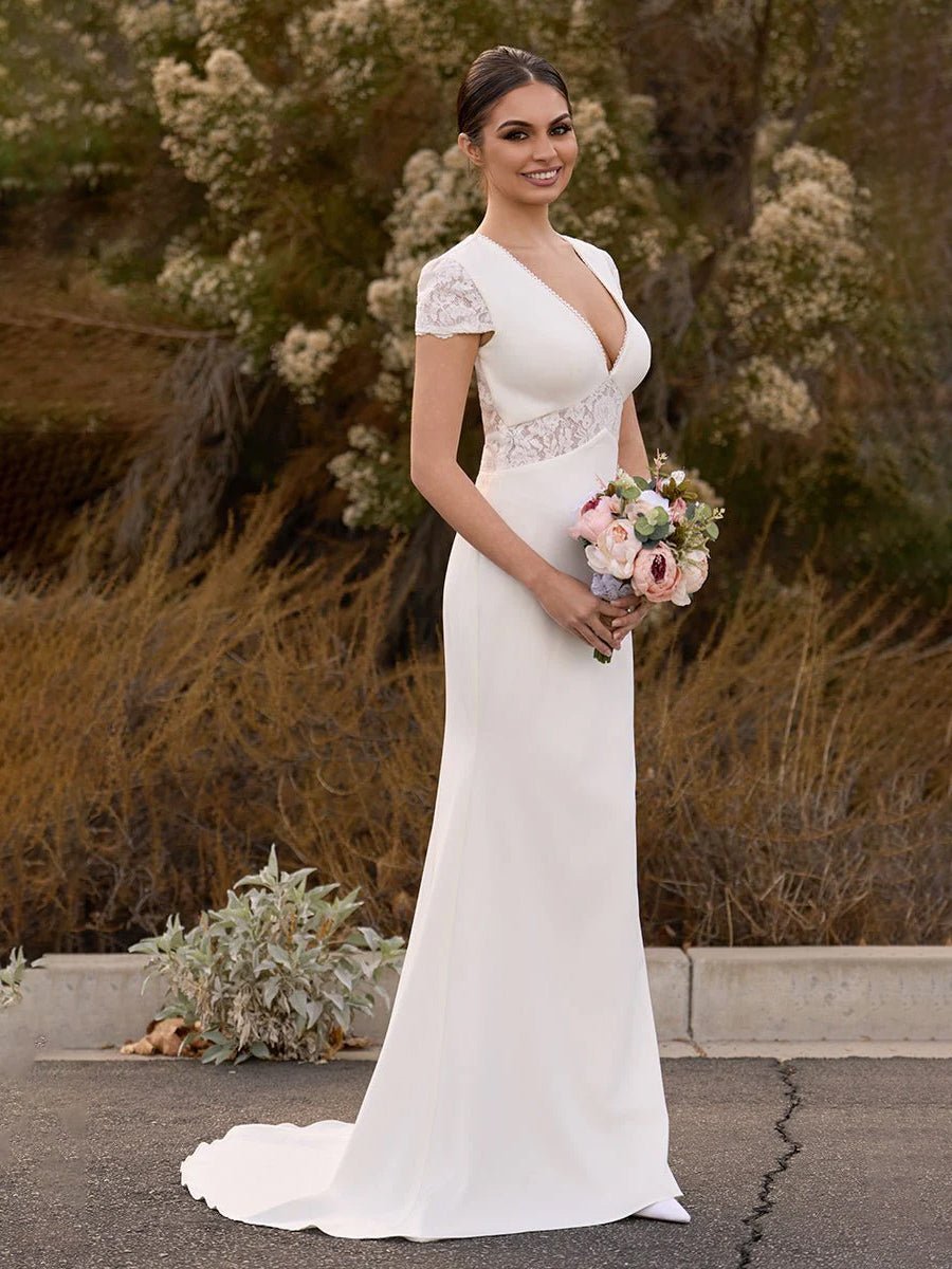 Modest Simple Mermaid Short Sleeve Empire Floor-Length Sweep Train Chiffon V-neck Wedding Dress - Curvevia