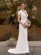 Modest Simple Mermaid Short Sleeve Empire Floor-Length Sweep Train Chiffon V-neck Wedding Dress - Curvevia