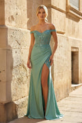Green Off The Shoulder Appliqued Mermaid Prom Dress With Split - Curvevia