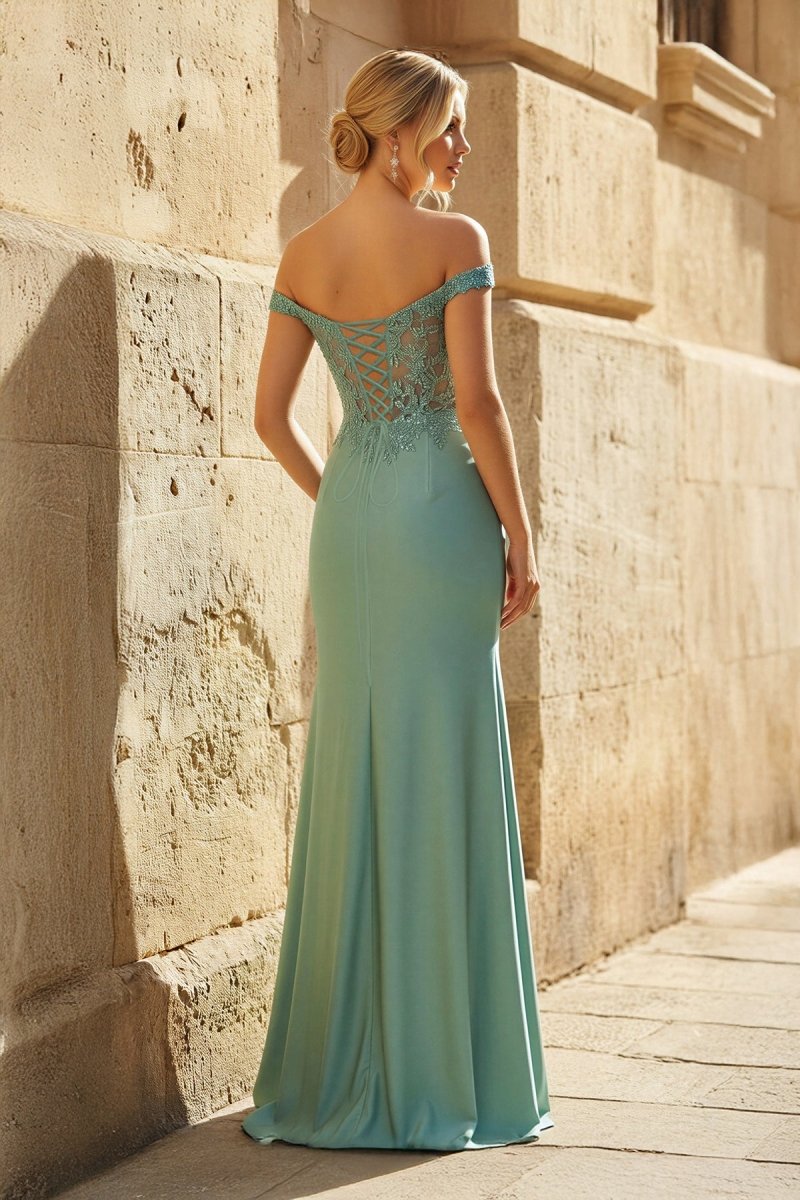 Green Off The Shoulder Appliqued Mermaid Prom Dress With Split - Curvevia