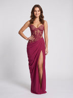 Mulberry Lace & Satin Sheath Halter neckline Lace-up Floor-Length Dress - Curvevia