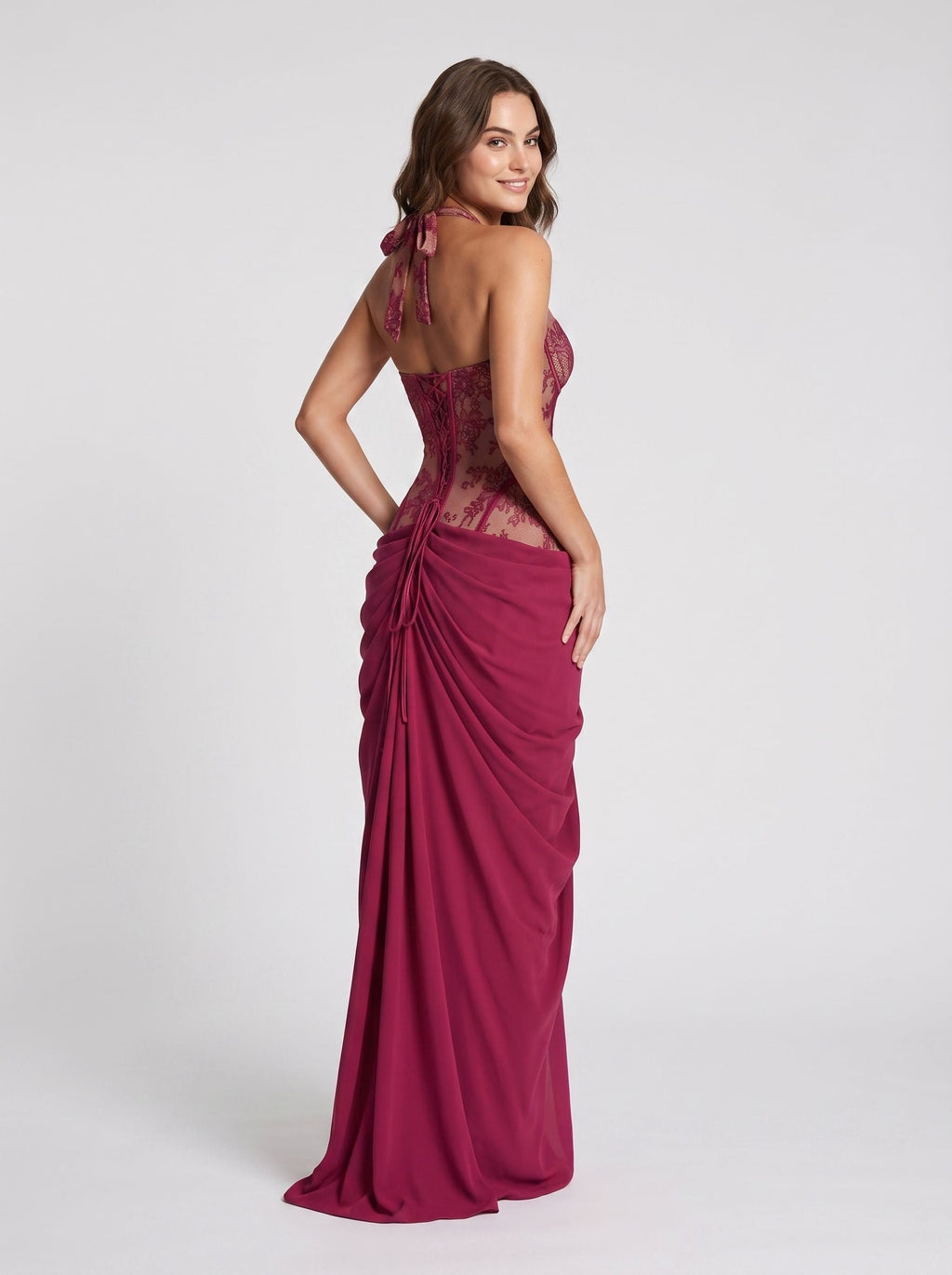 Lace & Satin Sheath Halter neckline Lace-up Floor-Length Dress - Curvevia