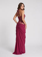 Lace & Satin Sheath Halter neckline Lace-up Floor-Length Dress - Curvevia