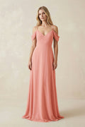 Off-the-Shoulder Chiffon A-Line Maxi Bridesmaid Dress in Mulberry - Curvevia