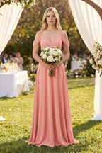 Off-the-Shoulder Chiffon A-Line Maxi Bridesmaid Dress in Mulberry - Curvevia