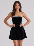 Black Velvet A-Line Straight Neck Criss-Cross Straps Short Dress with Ruffles - Curvevia