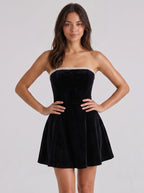 Black Velvet A-Line Straight Neck Criss-Cross Straps Short Dress with Ruffles - Curvevia