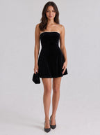 Black Velvet A-Line Straight Neck Criss-Cross Straps Short Dress with Ruffles - Curvevia