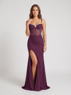 Mulberry Tulle Mermaid Sweetheart Corset Back Floor-Length Dress with Beaded Bodice - Curvevia