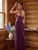 Mulberry Tulle Mermaid Sweetheart Corset Back Floor-Length Dress with Beaded Bodice - Curvevia