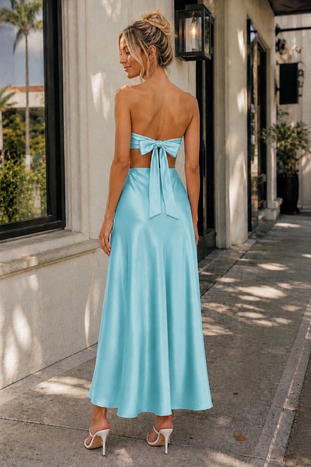 Pink Sweetheart Back Tie Satin A-line Wedding Guest Dress - Curvevia