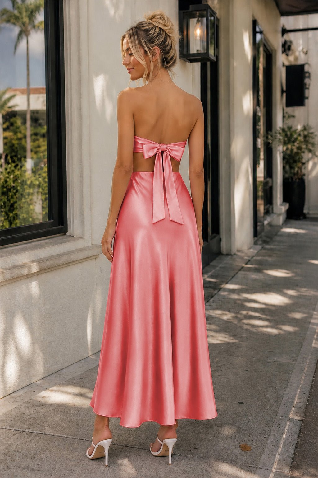 Pink Sweetheart Back Tie Satin A-line Wedding Guest Dress - Curvevia