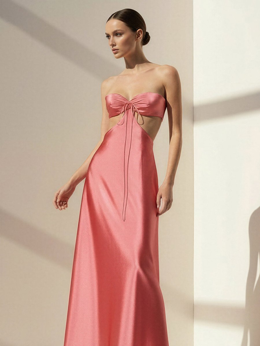 Pink Sweetheart Back Tie Satin A-line Wedding Guest Dress - Curvevia