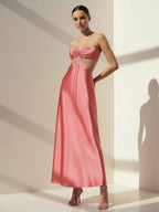 Pink Sweetheart Back Tie Satin A-line Wedding Guest Dress - Curvevia