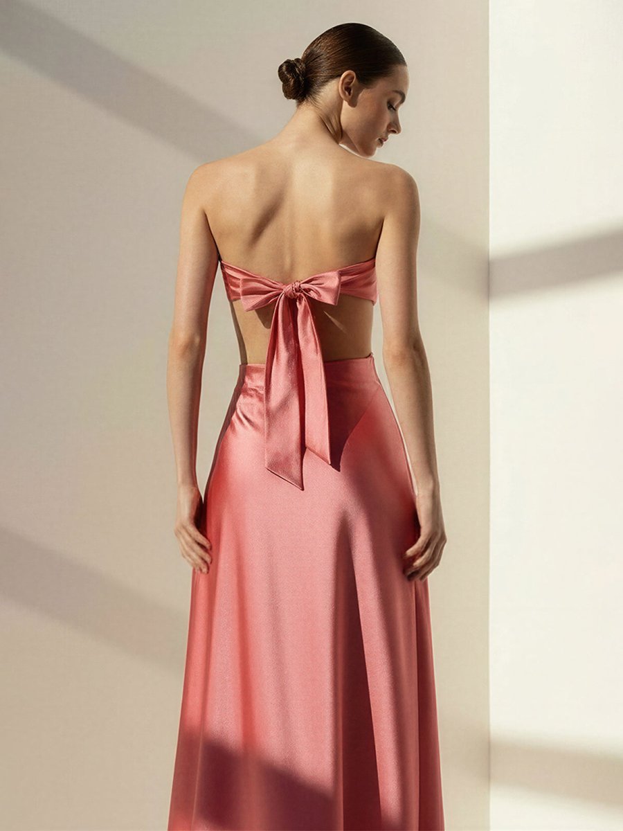 Pink Sweetheart Back Tie Satin A-line Wedding Guest Dress - Curvevia