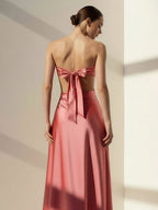 Pink Sweetheart Back Tie Satin A-line Wedding Guest Dress - Curvevia