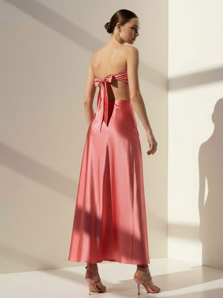 Pink Sweetheart Back Tie Satin A-line Wedding Guest Dress - Curvevia