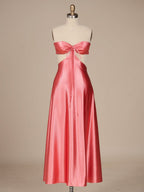 Pink Sweetheart Back Tie Satin A-line Wedding Guest Dress - Curvevia