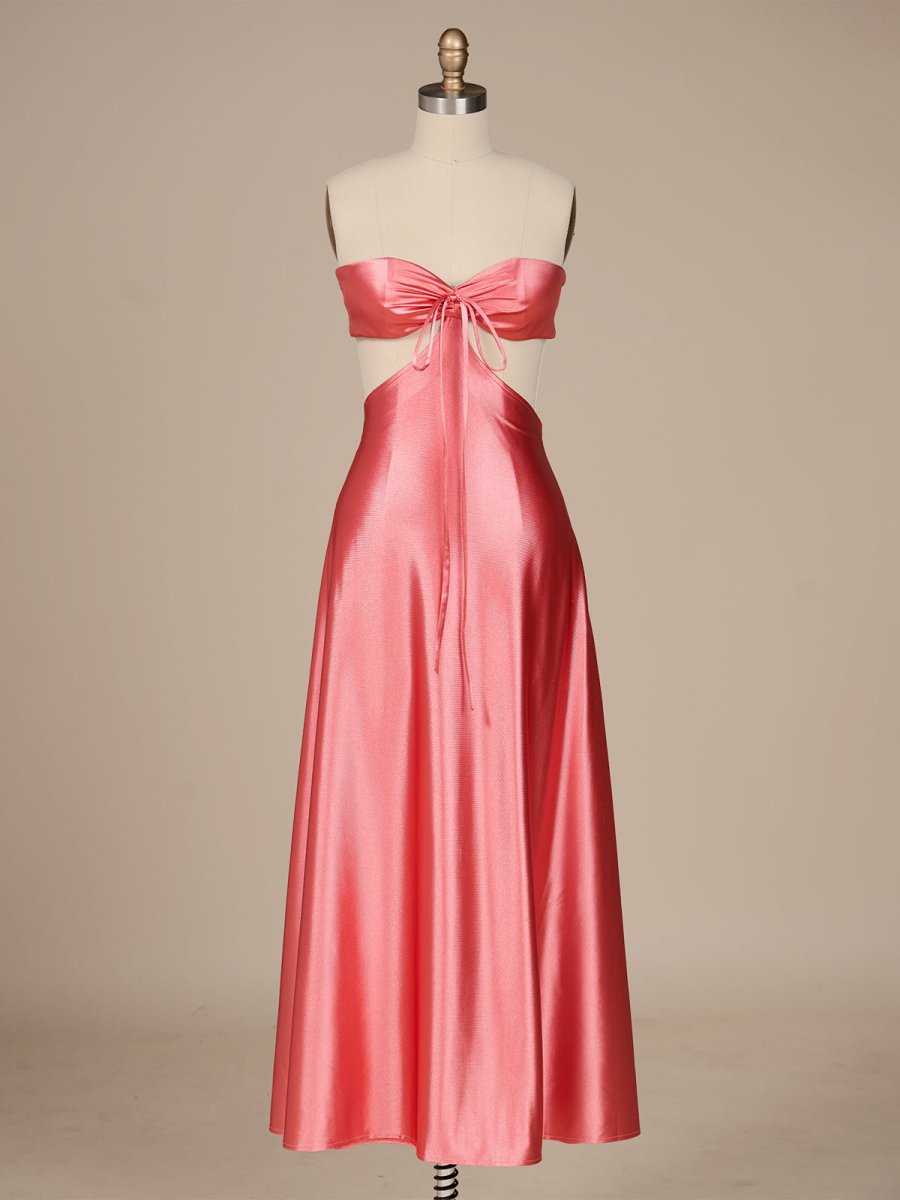 Pink Sweetheart Back Tie Satin A-line Wedding Guest Dress - Curvevia