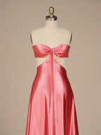 Pink Sweetheart Back Tie Satin A-line Wedding Guest Dress - Curvevia