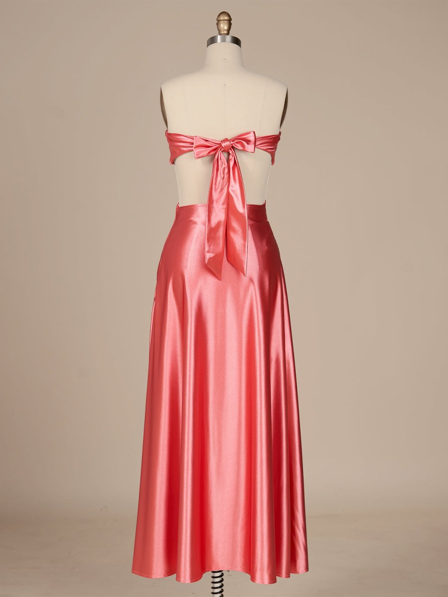 Pink Sweetheart Back Tie Satin A-line Wedding Guest Dress - Curvevia