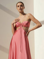 Pink Sweetheart Back Tie Satin A-line Wedding Guest Dress - Curvevia