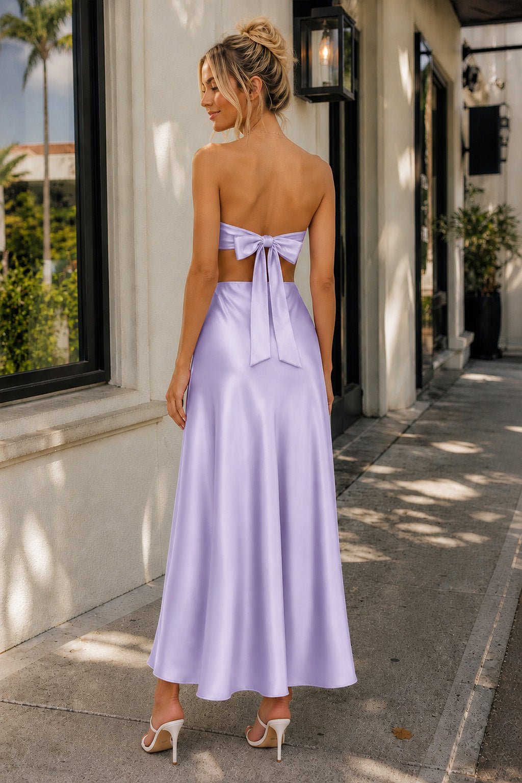 Pink Sweetheart Back Tie Satin A-line Wedding Guest Dress - Curvevia