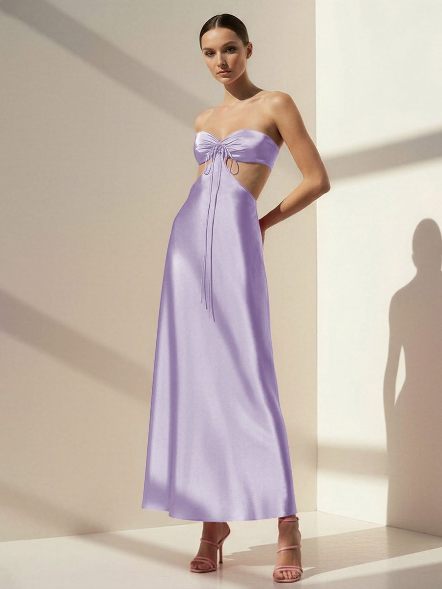 Pink Sweetheart Back Tie Satin A-line Wedding Guest Dress - Curvevia
