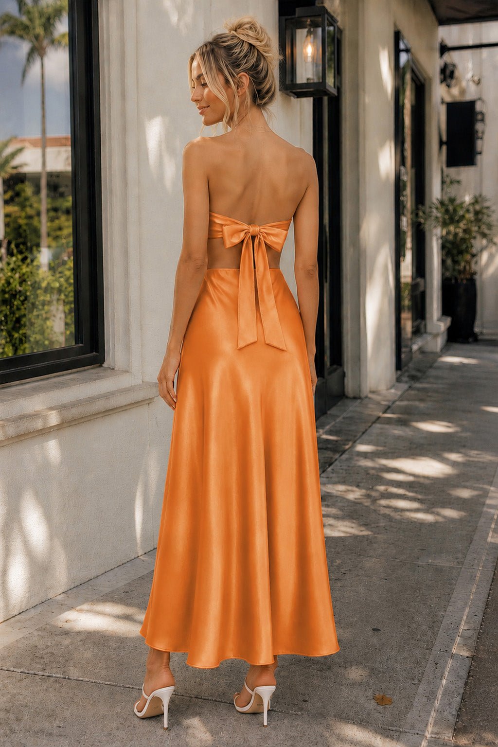 Pink Sweetheart Back Tie Satin A-line Wedding Guest Dress - Curvevia