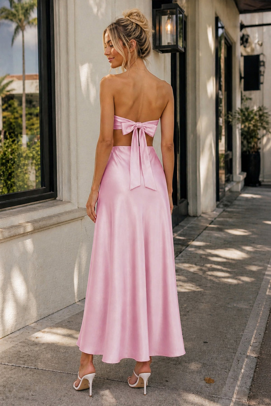 Pink Sweetheart Back Tie Satin A-line Wedding Guest Dress - Curvevia