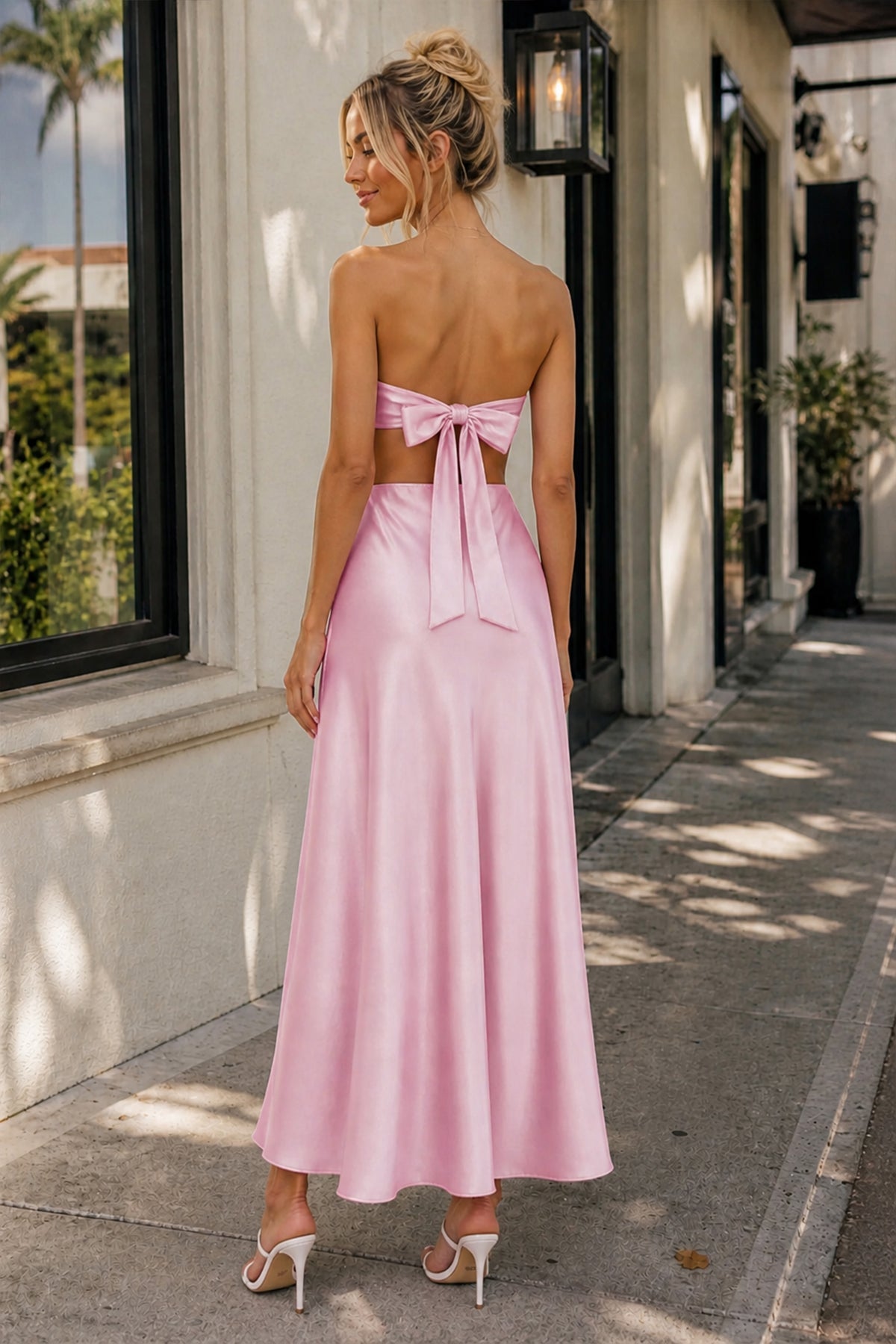 Pink Sweetheart Back Tie Satin A-line Wedding Guest Dress - Curvevia