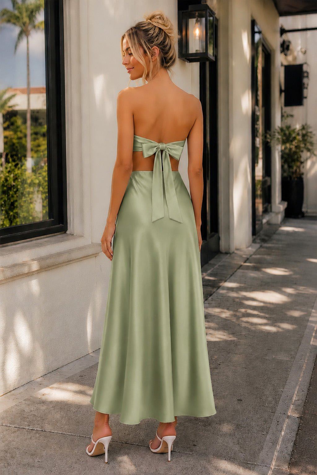 Pink Sweetheart Back Tie Satin A-line Wedding Guest Dress - Curvevia