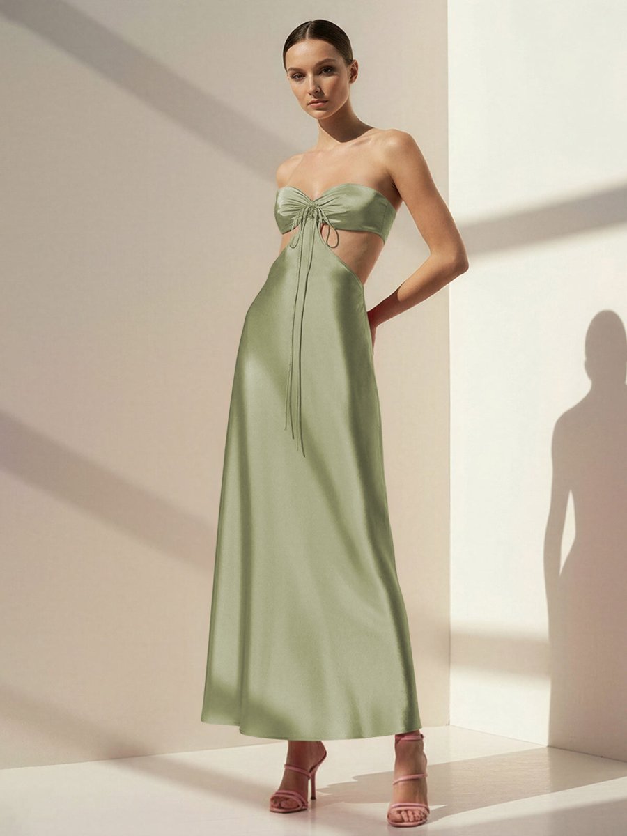 Pink Sweetheart Back Tie Satin A-line Wedding Guest Dress - Curvevia