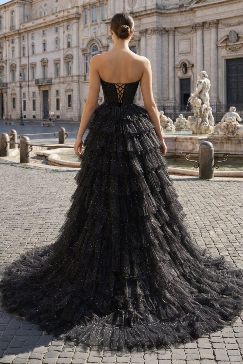 Black Strapless High Low Ruffles Tulle Prom Dress - Curvevia