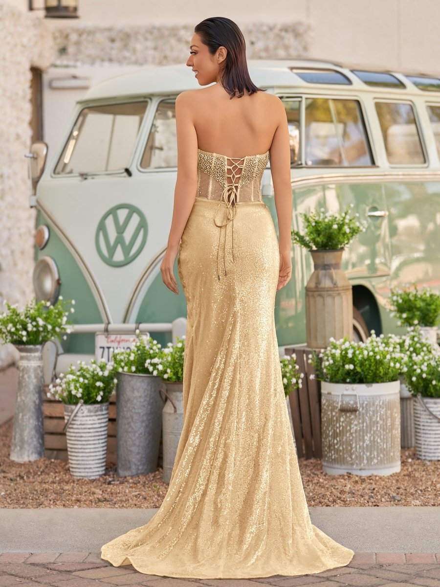 Strapless Mermaid Long Sequins Prom Dress With Split - Curvevia