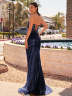 Strapless Mermaid Long Sequins Prom Dress With Split - Curvevia