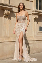 Strapless Mermaid Long Sequins Prom Dress With Split - Curvevia