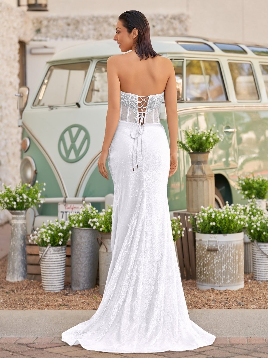 Strapless Mermaid Long Sequins Prom Dress With Split - Curvevia