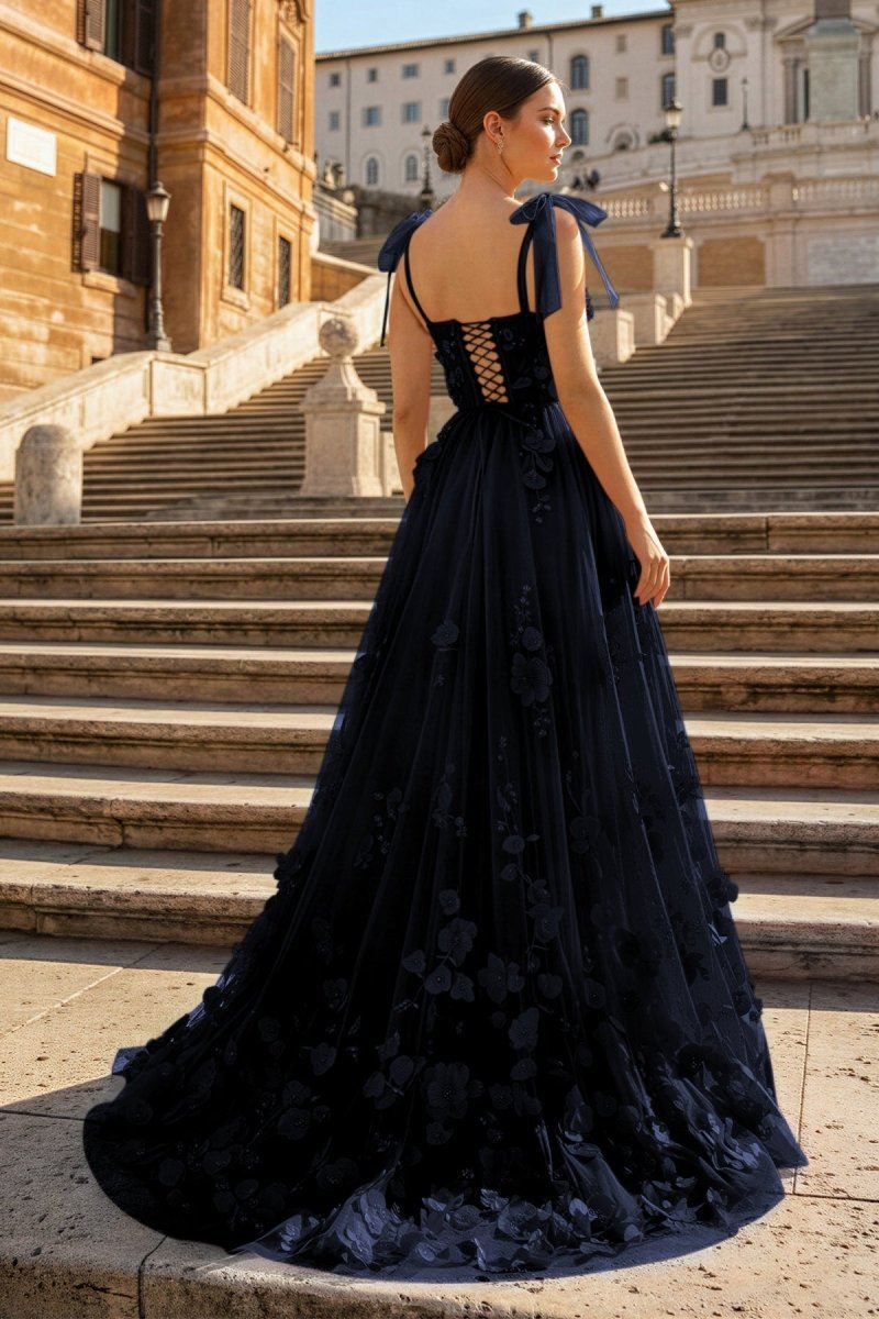 Scarlet Tulle A-line 3D Flower Long Evening Dress With Slit - Curvevia