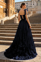 Scarlet Tulle A-line 3D Flower Long Evening Dress With Slit - Curvevia