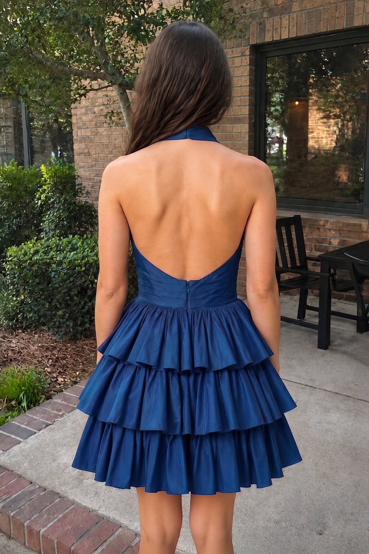 A-Line Deep Halter Satin Short Wedding Guest Dress with Ruffles - Curvevia