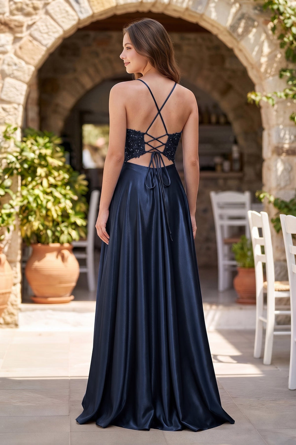 A-Line V-Neck Satin Mother of the Bride Dress with Slit - Curvevia