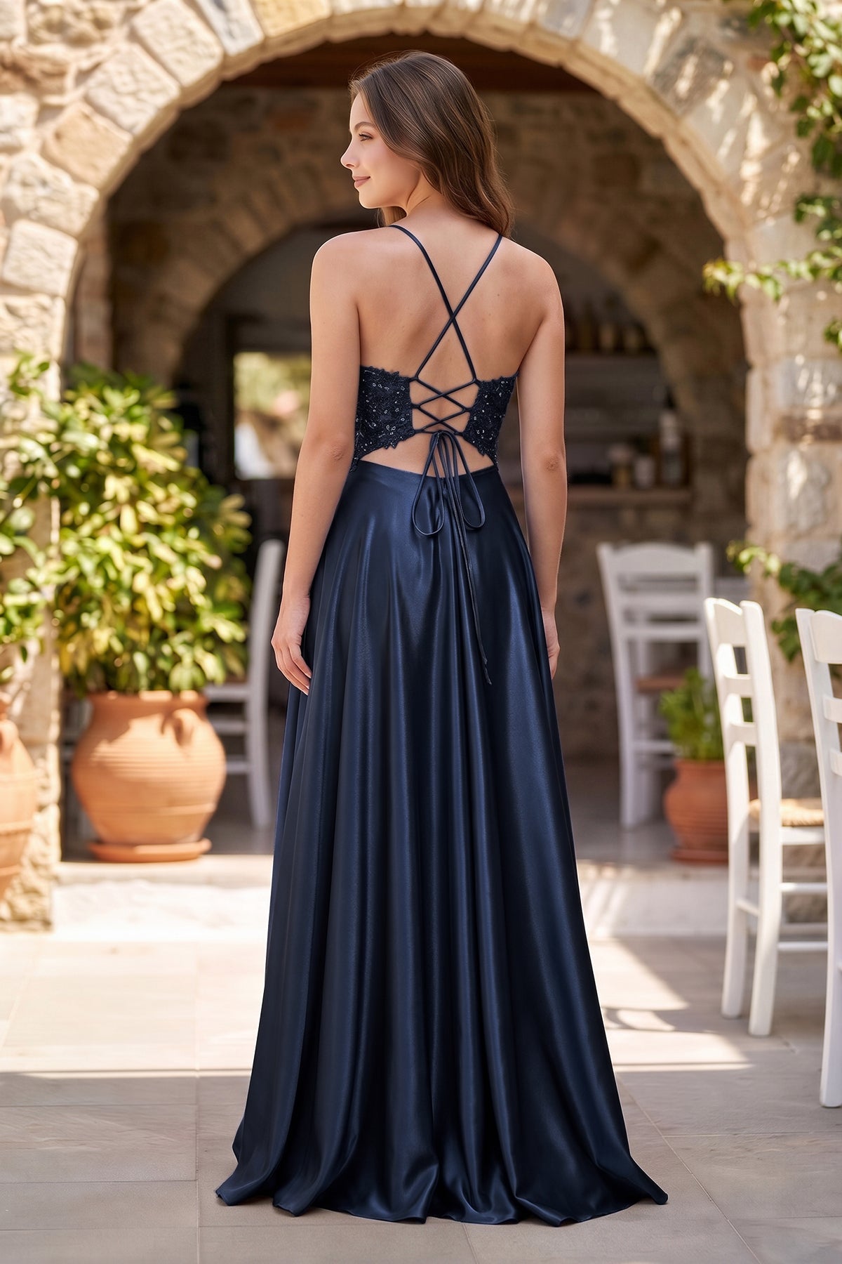 A-Line V-Neck Satin Mother of the Bride Dress with Slit - Curvevia