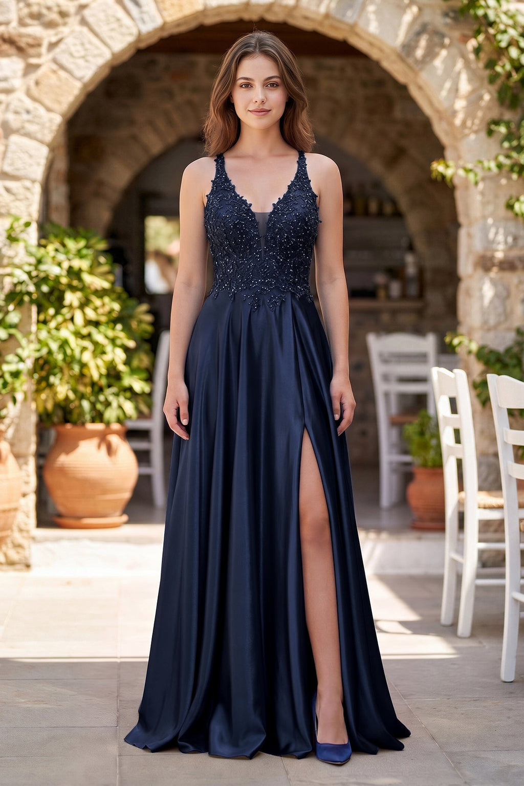 A-Line V-Neck Satin Mother of the Bride Dress with Slit - Curvevia