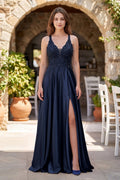 A-Line V-Neck Satin Mother of the Bride Dress with Slit - Curvevia
