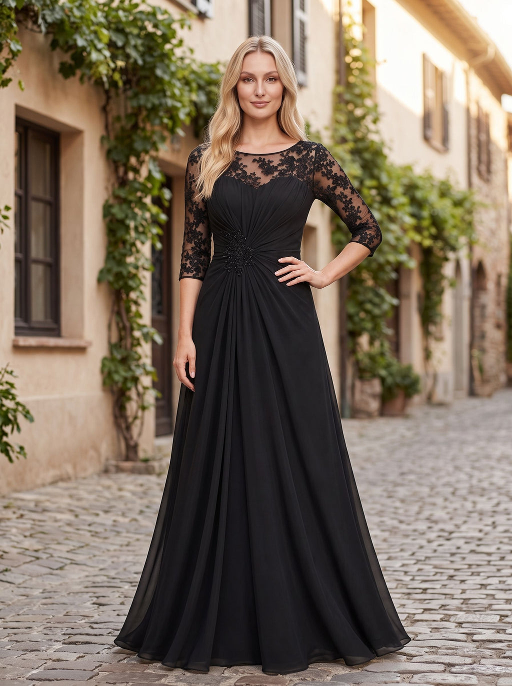 Black Chiffon A-Line Scoop Neck Keyhole Back Floor-Length Dress with Lace Appliques - Curvevia